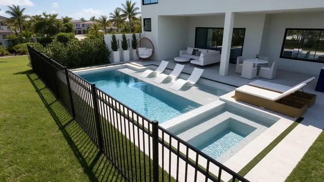 Render of the Correa pool and spa, view 01 (day aerial)
